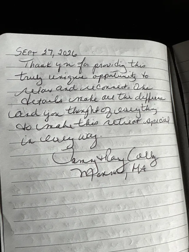 Handwritten guest journal page: Sep 27, 2026 Thank you for providing this truly unique oppotunity to relax and reconnect. The detail