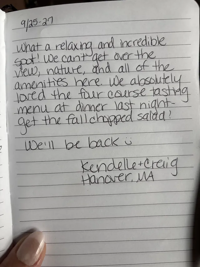 Handwritten guest journal page: 9/25-27 What a relaxing and incredible spot! We can't get over the view, nature, and all of the amen