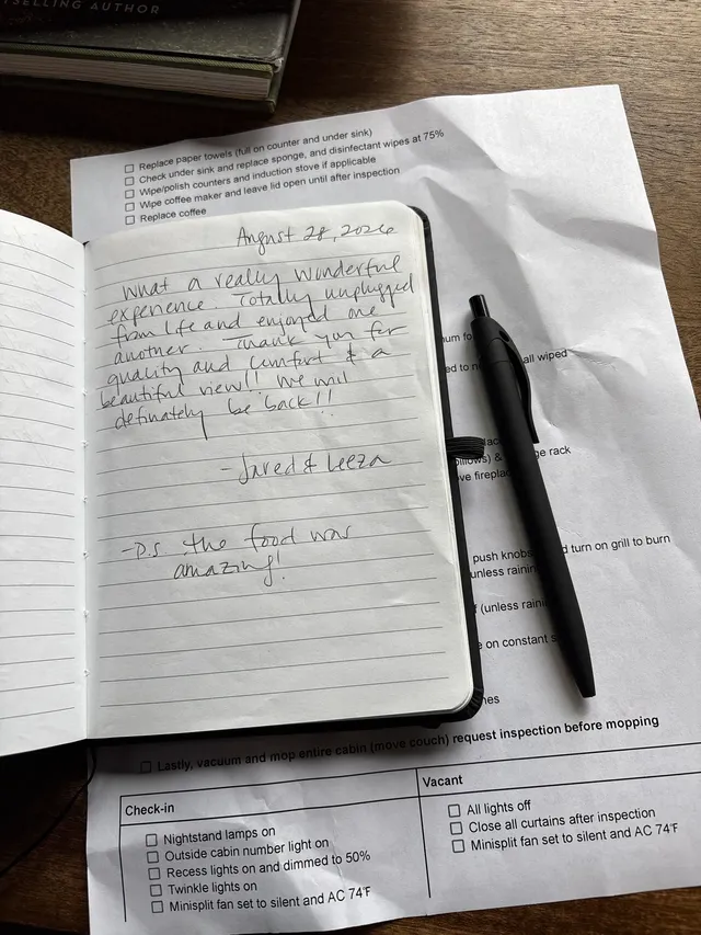 Handwritten guest journal page: August 28, 2026 What a really wonderful experience. Totally unplugged from life and enjoyed one anot
