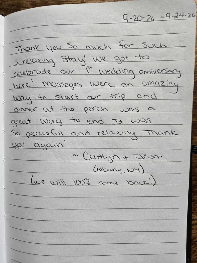 Handwritten guest journal page: 9-20-26 - 9-24-26 Thank you so much for such a relaxing stay! We got to celebrate our 1st wedding an