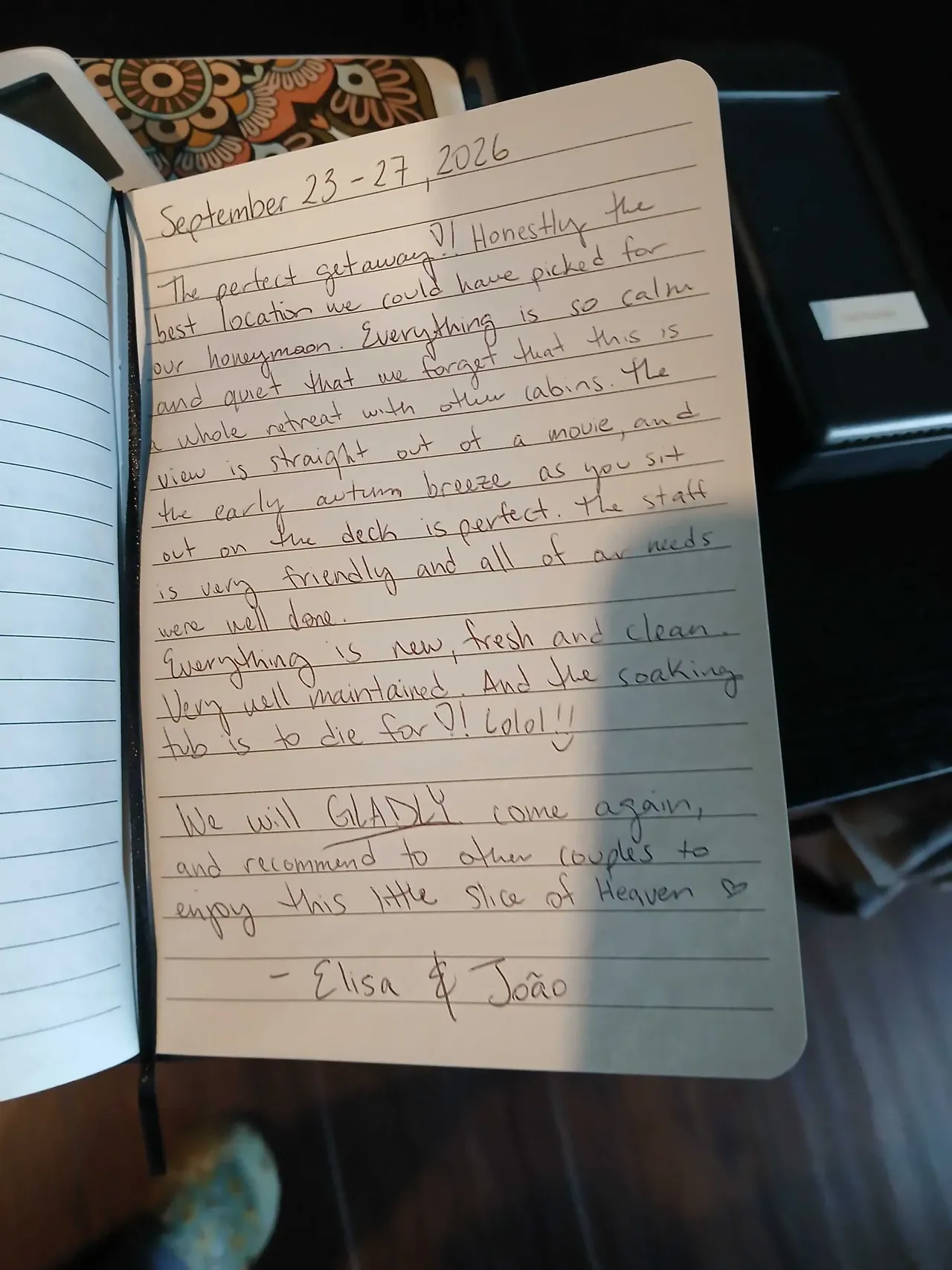 Handwritten guest journal page: September 23-27, 2026 The perfect getaway!! Honestly the best location we could have picked for our 