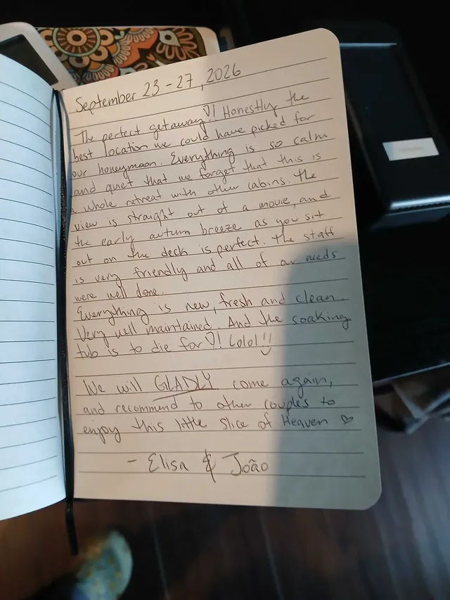 Handwritten guest journal page: September 23-27, 2026 The perfect getaway!! Honestly the best location we could have picked for our 