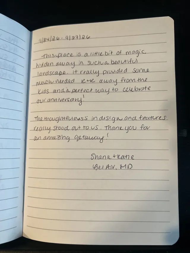 Handwritten guest journal page: 9/24/26 - 9/27/26 This place is a little bit of magic hidden away in such a beautiful landscape. It 