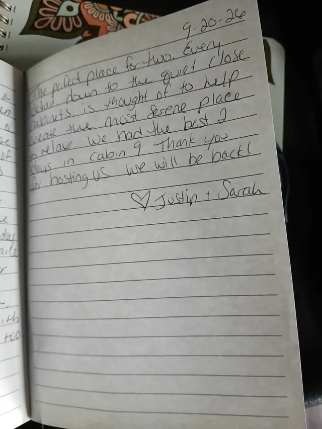 Handwritten guest journal page: 9-20-26 The perfect place for two. Every detail, down to the quiet close cabinets, is thought of to 