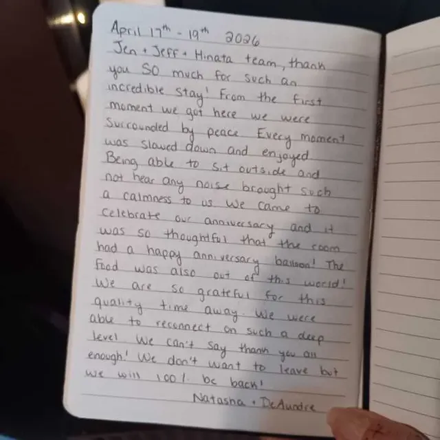 Handwritten guest journal page: April 17th - 19th 2026 Jen + Jeff + Hinata team, thank you SO much for such an incredible stay! From