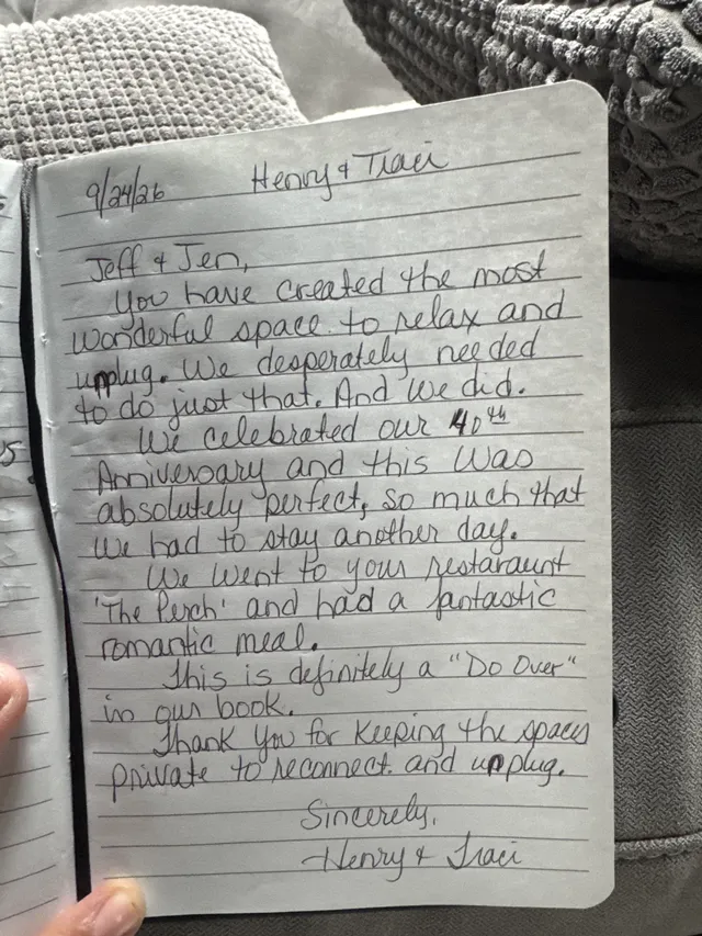 Handwritten guest journal page: 9/24/26 Henry & Traci Jeff & Jen, You have created the most wonderful space to relax and unplug. We 