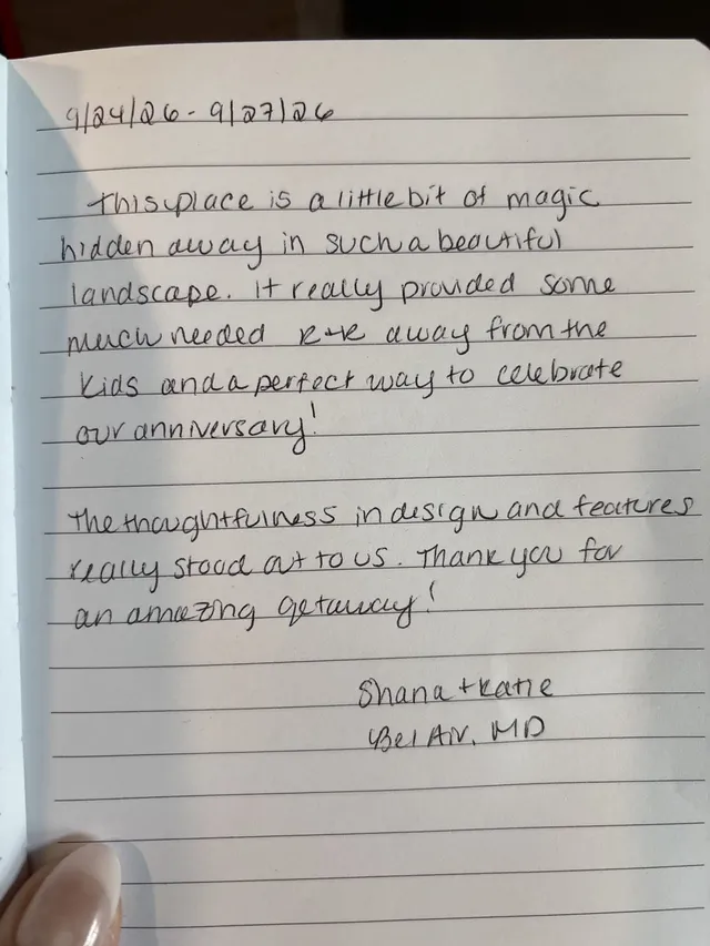 Handwritten guest journal page: 9/24/26 - 9/27/26 This place is a little bit of magic hidden away in such a beautiful landscape. It 