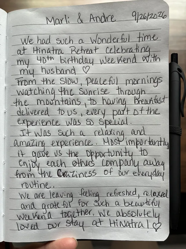 Handwritten guest journal page: Marli & Andre 9/26/2026 We had such a Wonderful time at Hinata Retreat celebrating my 40th birthday 