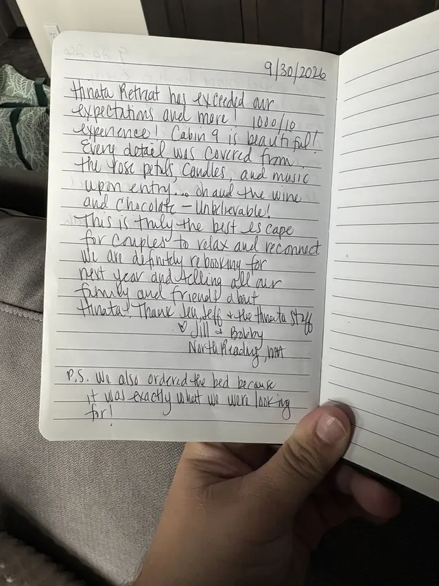 Handwritten guest journal page: 9/30/2026 Hinata Retreat has exceeded our expectations and more! 1000/10 experience! Cabin 9 is beau