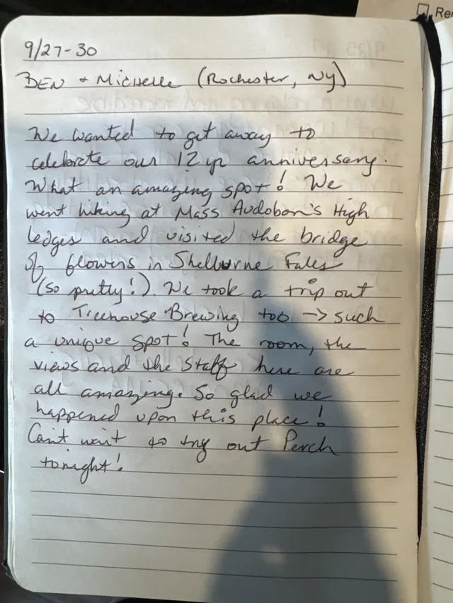 Handwritten guest journal page: 9/27-30 Ben + Michelle (Rochester, NY) We wanted to get away to celebrate our 12th anniversary. What