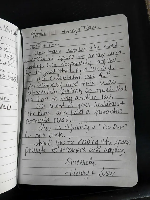 Handwritten guest journal page: 9/24/26 Henry & Traci Jeff & Jen, You have created the most wonderful space to relax and unplug. We 