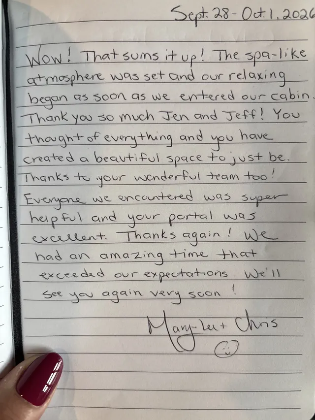 Handwritten guest journal page: Sept. 28 - Oct. 1, 2026 Wow! That sums it up! The spa-like atmosphere was set and our relaxing began