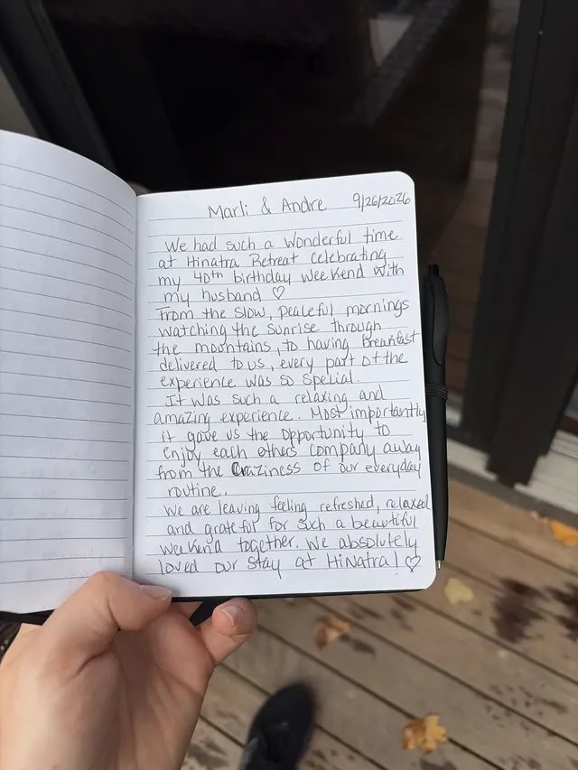 Handwritten guest journal page: Marli & Andre 9/26/2026 We had such a Wonderful time at Hinata Retreat celebrating my 40th birthday 