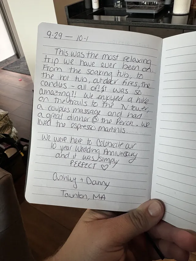 Handwritten guest journal page: 9-29 — 10-1 This was the most relaxing trip we have ever been on. From the soaking tub, to the hot t