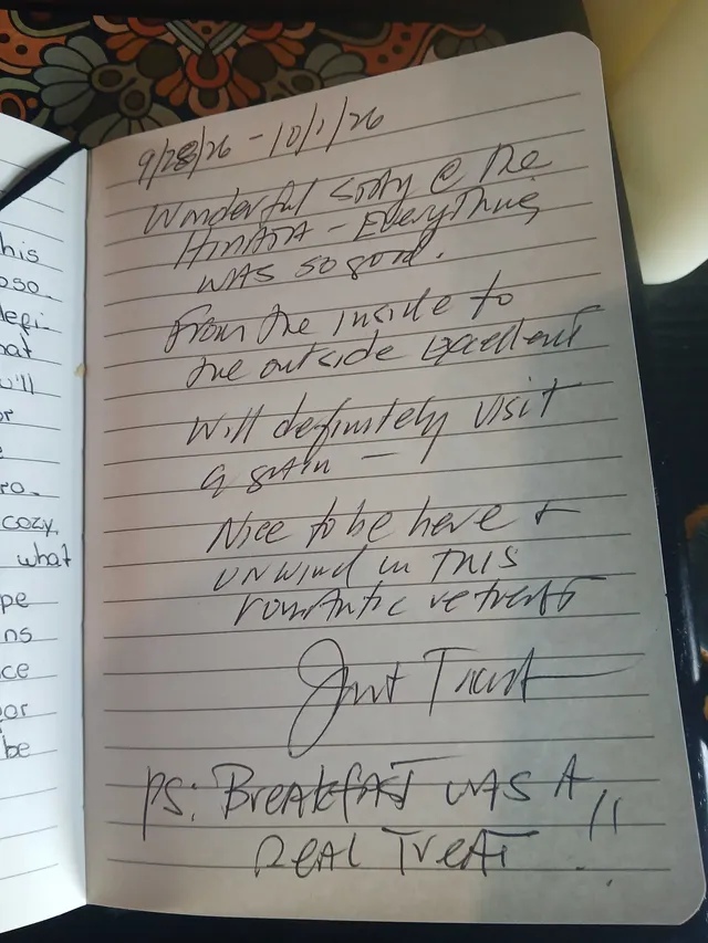 Handwritten guest journal page: 9/28/26 - 10/1/26 Wonderful Stay @ the HINATA - Everything WAS so good. from the inside to the outsi