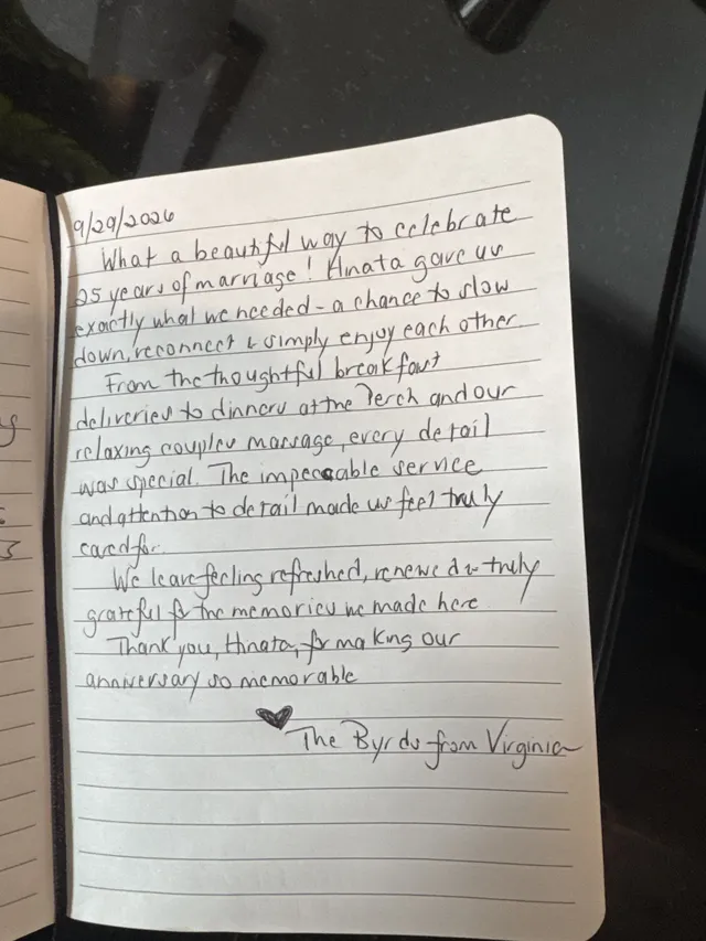 Handwritten guest journal page: 9/29/2026 What a beautiful way to celebrate 25 years of marriage! Hinata gave us exactly what we nee