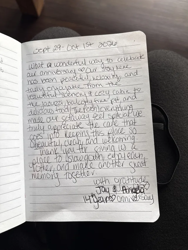 Handwritten guest journal page: Sept 29- Oct 1st 2026 What a wonderful way to celebrate our anniversary. ♡ Our stay here has been pe