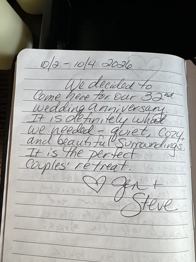 Handwritten guest journal page: 10/2 - 10/4 2026 We decided to come here for our 32nd wedding anniversary. It is definitely what we 