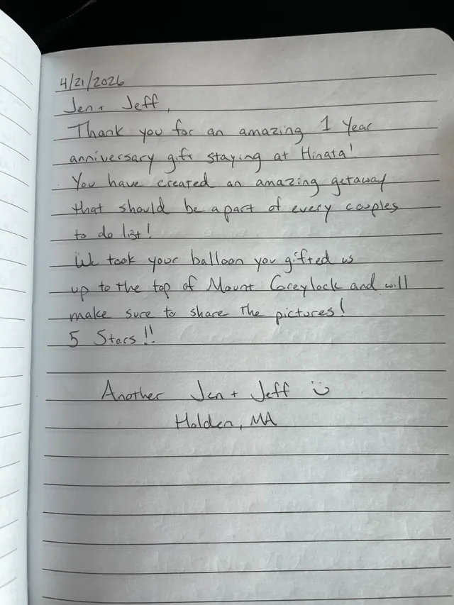 Handwritten guest journal page: 4/21/2026 Jen + Jeff, Thank you for an amazing 1 year anniversary gift staying at Hinata! You have c