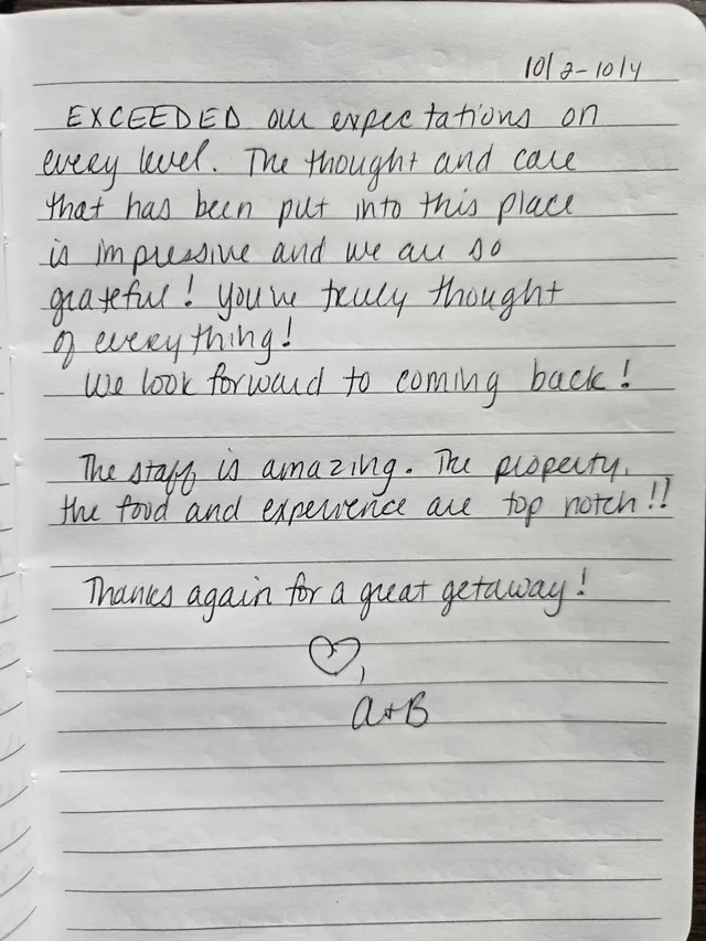 Handwritten guest journal page: 10/2 - 10/4 EXCEEDED our expectations on every level. The thought and care that has been put into th
