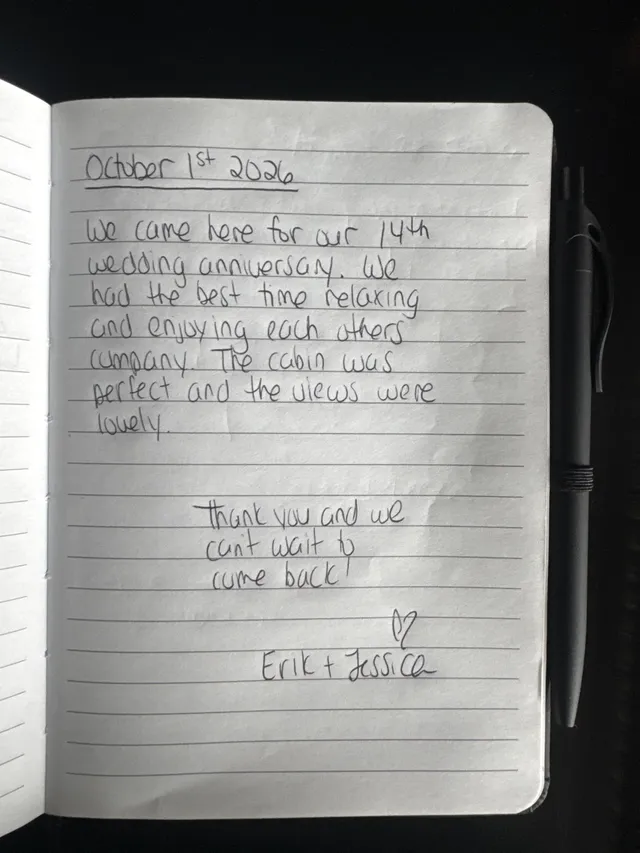 Handwritten guest journal page: October 1st 2026 We came here for our 14th wedding anniversary. We had the best time relaxing and en