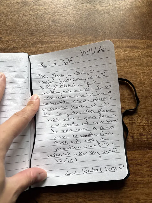 Handwritten guest journal page: 10/4/26 Jen + Jeff, This place is truly a magical spot. George and I just got married on past Sunday