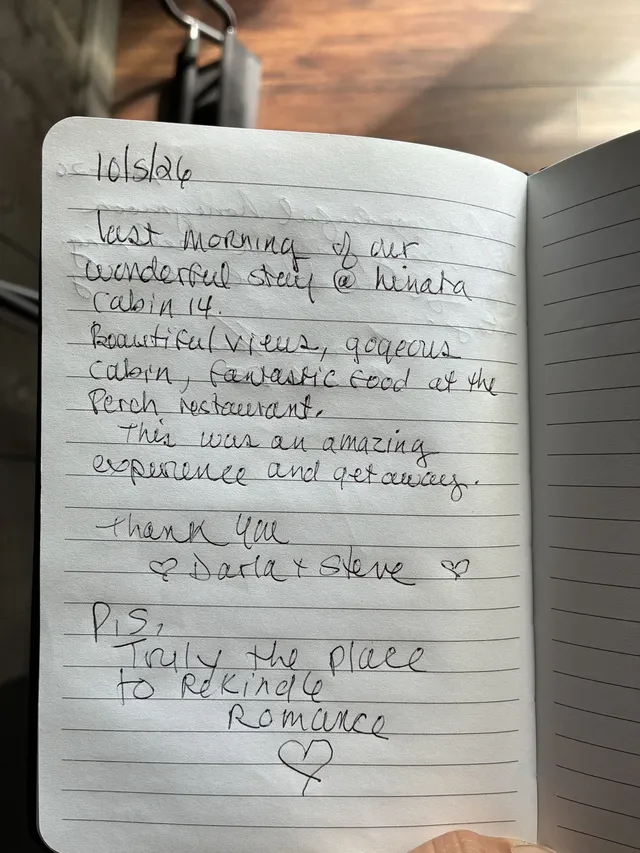 Handwritten guest journal page: 10/5/26 Last morning of our wonderful stay @ Hinata cabin 14. Beautiful views, gorgeous cabin, fanta