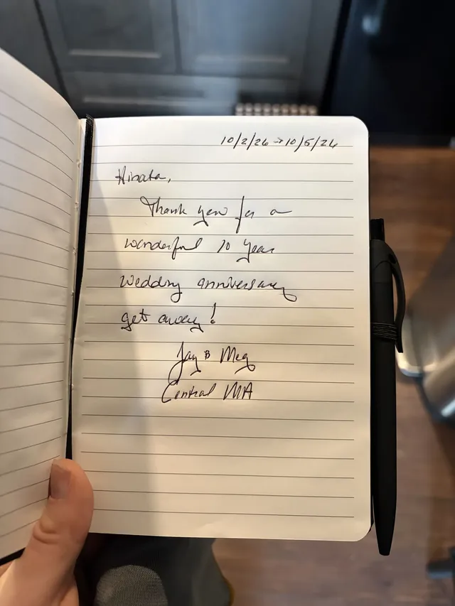 Handwritten guest journal page: 10/2/26 -> 10/5/26 Hinata, Thank you for a wonderful 10 year wedding anniversary getaway! Jay & Meg 