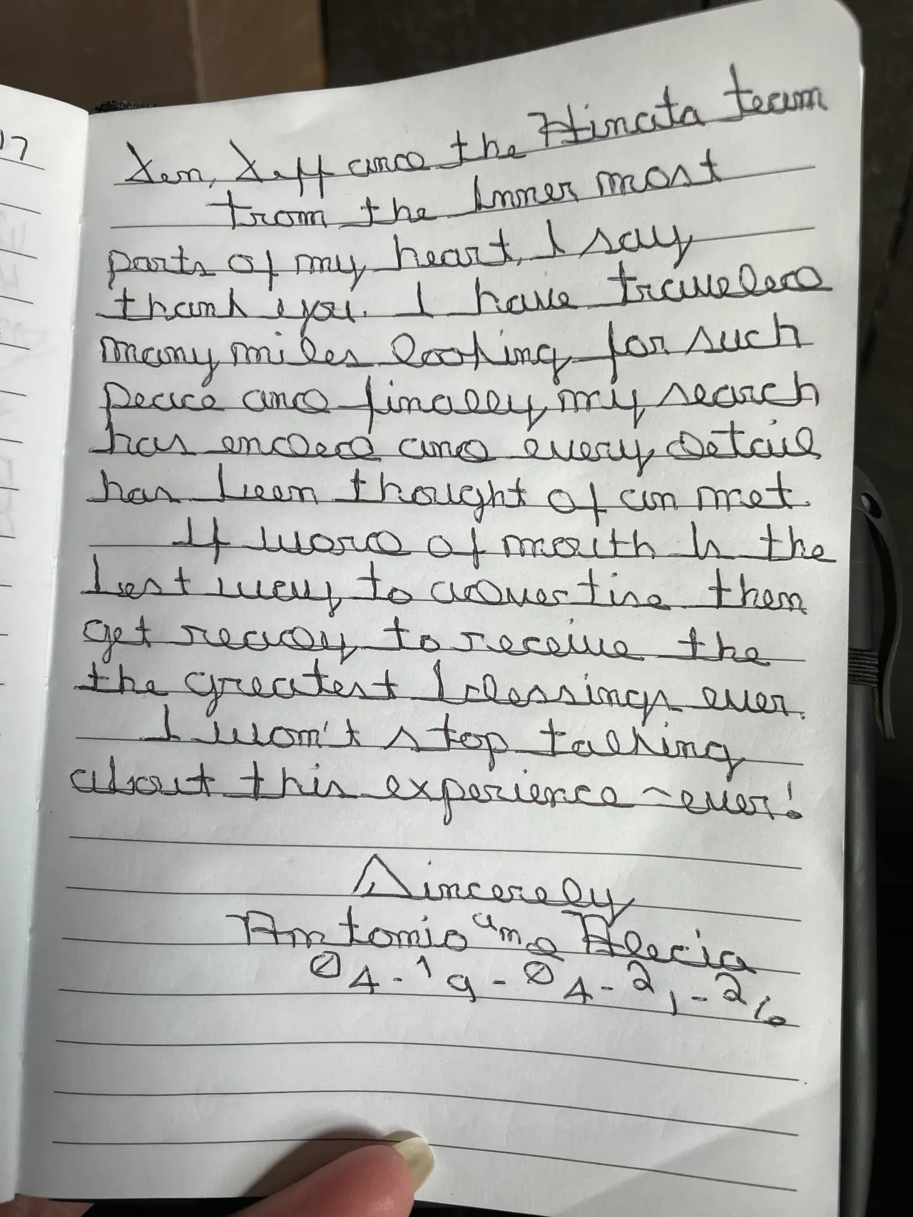 Handwritten guest journal page: Jen, Jeff and the Hinata team From the inner most parts of my heart, I say thank you. I have travele