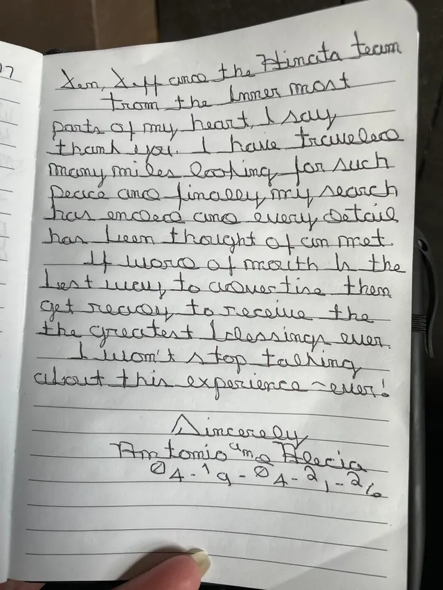 Handwritten guest journal page: Jen, Jeff and the Hinata team From the inner most parts of my heart, I say thank you. I have travele