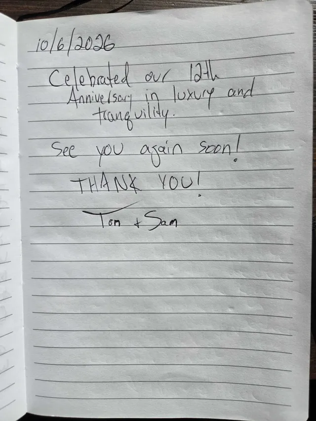 Handwritten guest journal page: 10/6/2026 Celebrated our 12th Anniversary in luxury and tranquility. See you again soon! THANK YOU! 