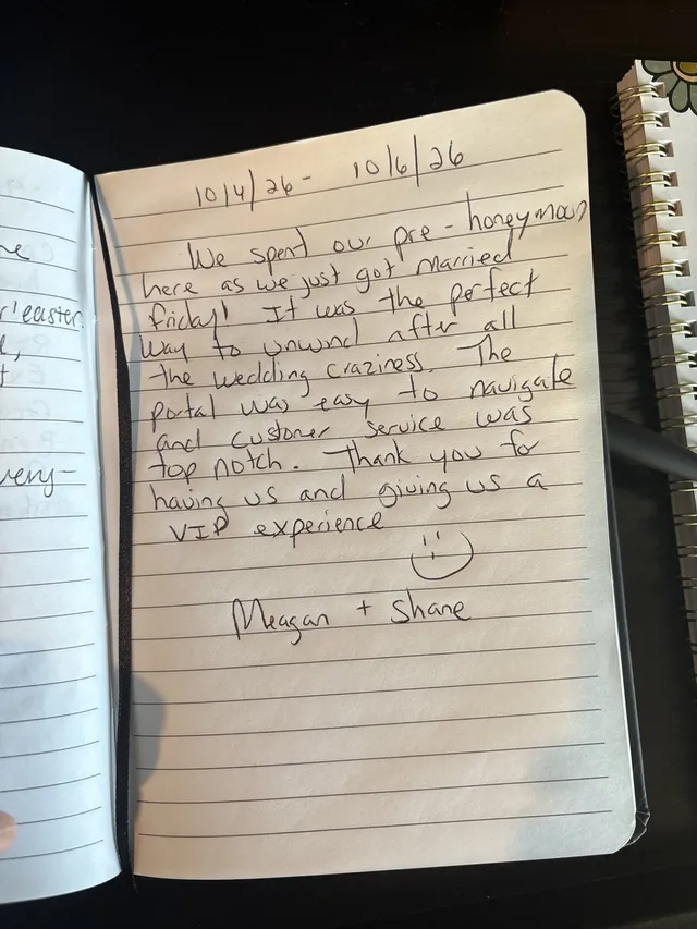 Handwritten guest journal page: 10/4/26 - 10/6/26 We spent our pre-honeymoon here as we just got married Friday! It was the perfect 