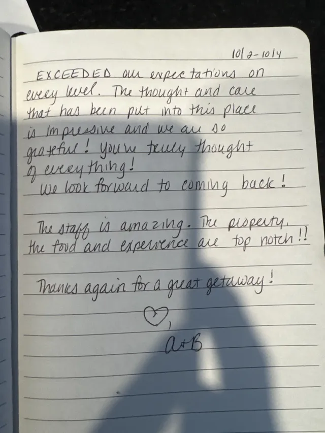 Handwritten guest journal page: 10/2-10/4 EXCEEDED our expectations on every level. The thought and care that has been put into this