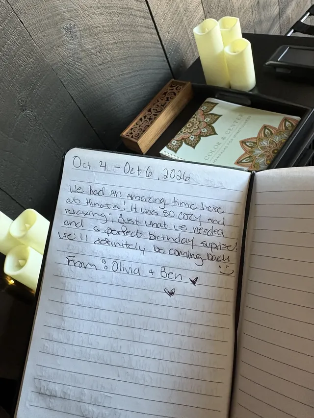 Handwritten guest journal page: Oct 4 - Oct 6, 2026 We had an amazing time here at Hinata! It was so cozy and relaxing, just what we