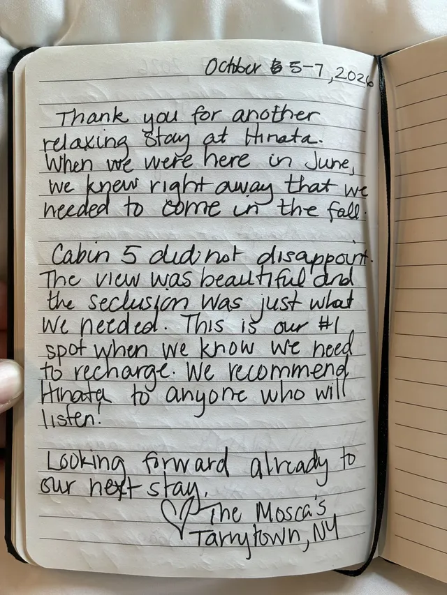 Handwritten guest journal page: October 5-7, 2026 Thank you for another relaxing stay at Hinata. When we were here in June, we knew 