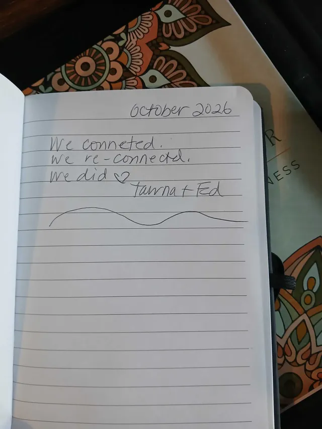 Handwritten guest journal page: October 2026 We connected. We re-connected. We did ♡ Tamra + Ted