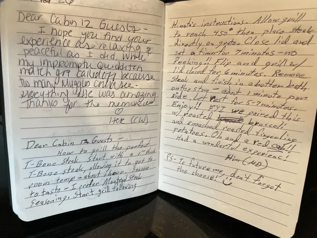 Handwritten guest journal page: Dear Cabin 12 Guests - I hope you find your experience as relaxing & peaceful as I did. While my imp