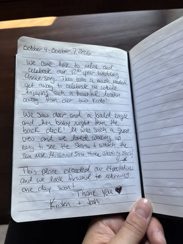 Handwritten guest journal page: October 4 - October 7, 2026 We came here to relax and celebrate our 12th year wedding anniversary. T
