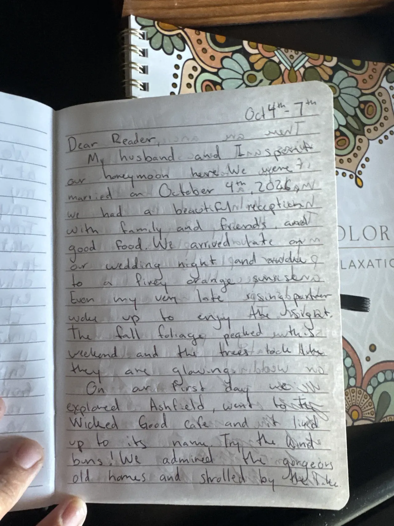 Handwritten guest journal page: Oct 4th - 7th Dear Reader, My husband and I spent our honeymoon here. We were married on October 4th