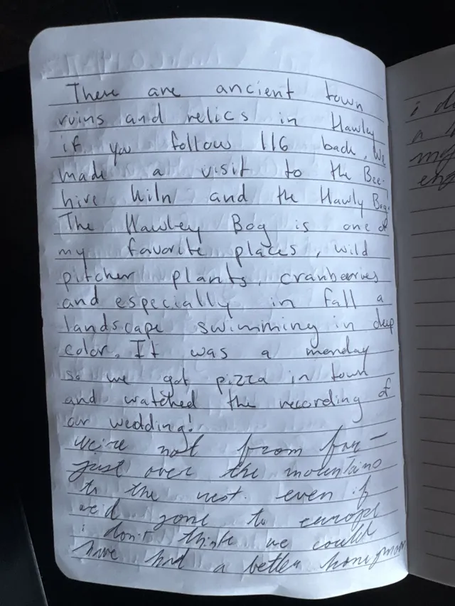Handwritten guest journal page: There are ancient town ruins and relics in Hawley if you follow 116 back. We made a visit to the Bee