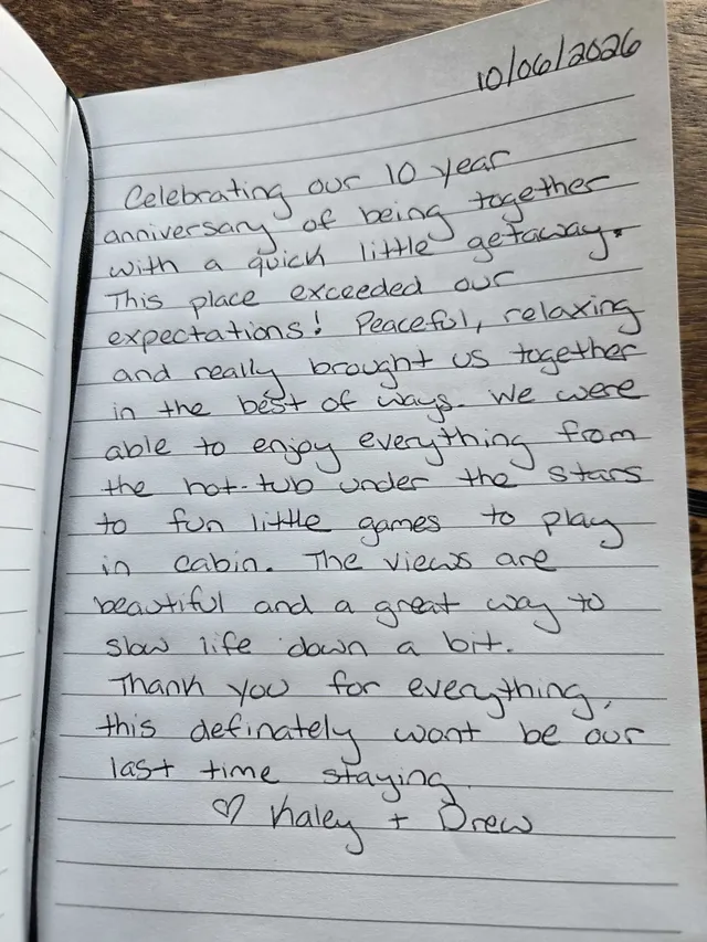 Handwritten guest journal page: 10/06/2026 Celebrating our 10 year anniversary of being together with a quick little getaway. This p