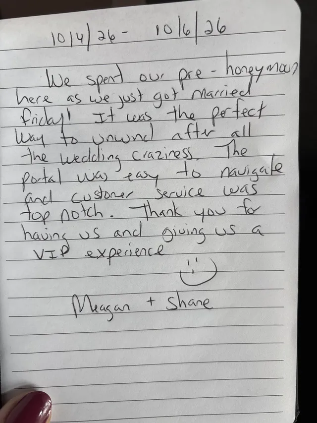 Handwritten guest journal page: 10/4/26 - 10/6/26 We spent our pre-honeymoon here as we just got married Friday! It was the perfect 