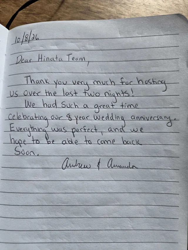 Handwritten guest journal page: 10/8/26 Dear Hinata Team, Thank you very much for hosting us over the last two nights! We had such a