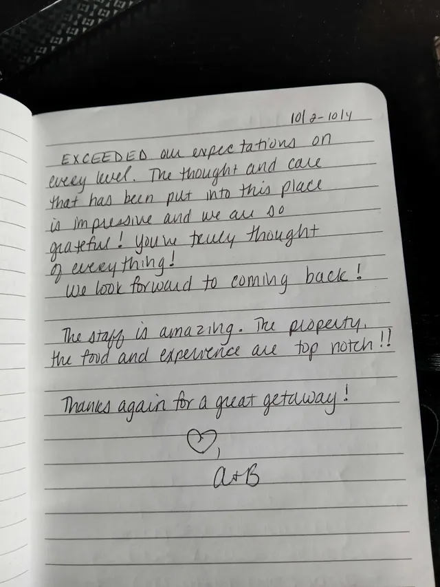 Handwritten guest journal page: 10/2-10/4 EXCEEDED our expectations on every level. The thought and care that has been put into this