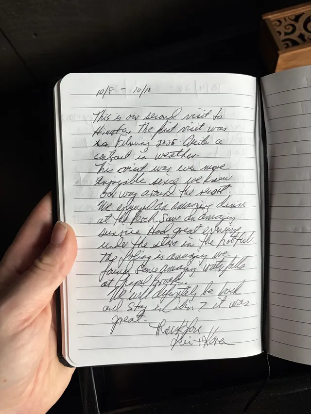 Handwritten guest journal page: 10/8 - 10/10 This is our second visit to Hinata. The first visit was in February 2025. Quite a contr