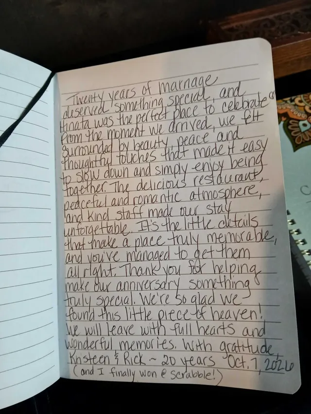 Handwritten guest journal page: Twenty years of marriage deserved something special, and Hinata was the perfect place to celebrate. 
