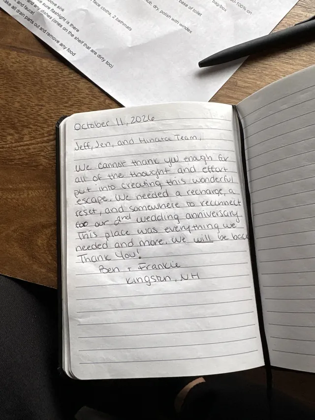 Handwritten guest journal page: October 11, 2026 Jeff, Jen, and Hinata Team, We cannot thank you enough for all of the thought and e