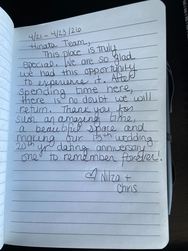 Handwritten guest journal page: 4/21 - 4/23/26 Hinata Team, This place is truly special. We are so glad we had this opportunity to e