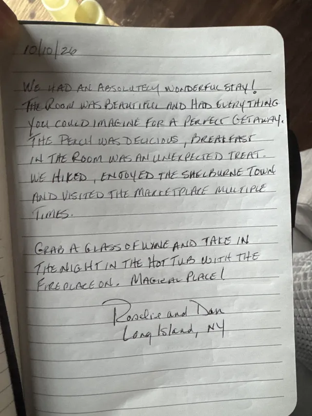 Handwritten guest journal page: 10/10/26 We had an absolutely wonderful stay! The room was beautiful and had everything you could im