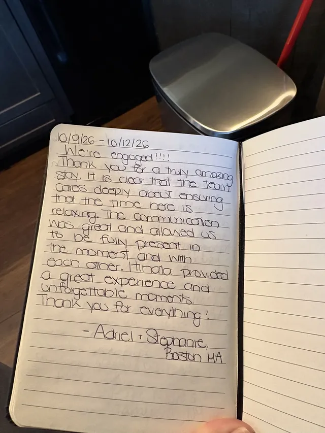 Handwritten guest journal page: 10/9/26 - 10/12/26 We're engaged!!!! Thank you for a truly amazing stay. It is clear that the team c